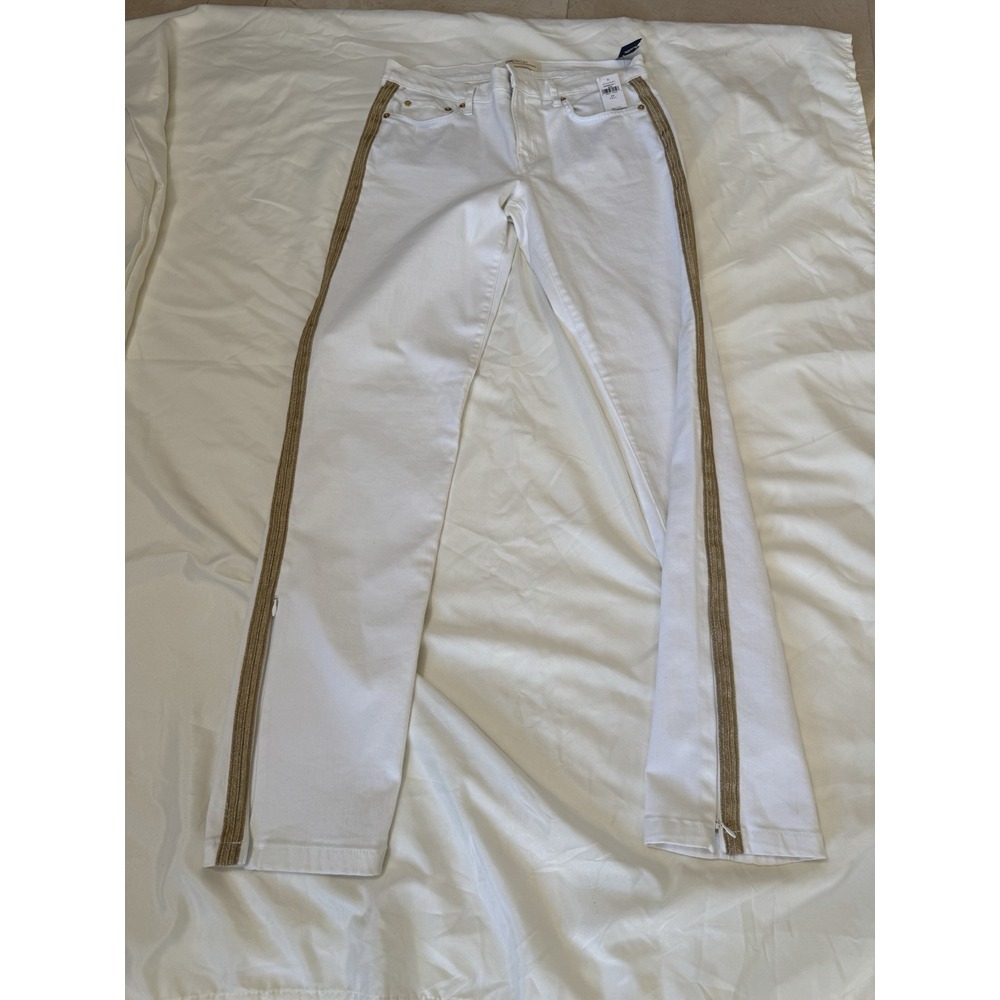 Gap Straight White Jeans Gold Metallic Side Ankle Zips Women 30T Ins‎ 30.5" NWT